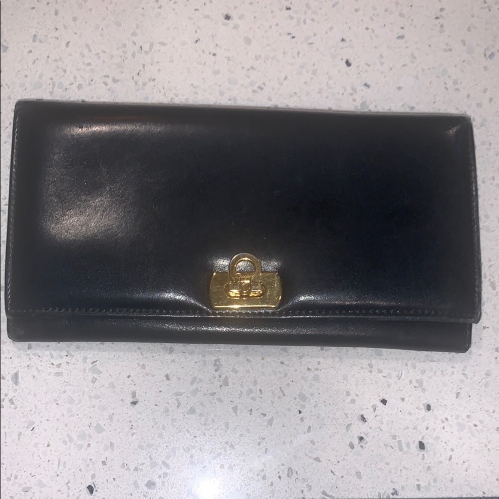Salvatore Ferragamo Black Leather Wallet with Gold Clasp